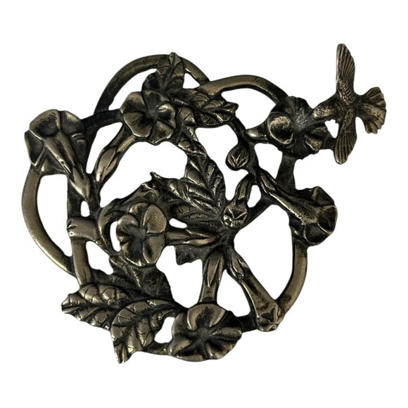Vtg Metzke Solid Brass Trivet – Signed 1986, Hummingbird & Morning Glory Design, - Picture 2 of 4
